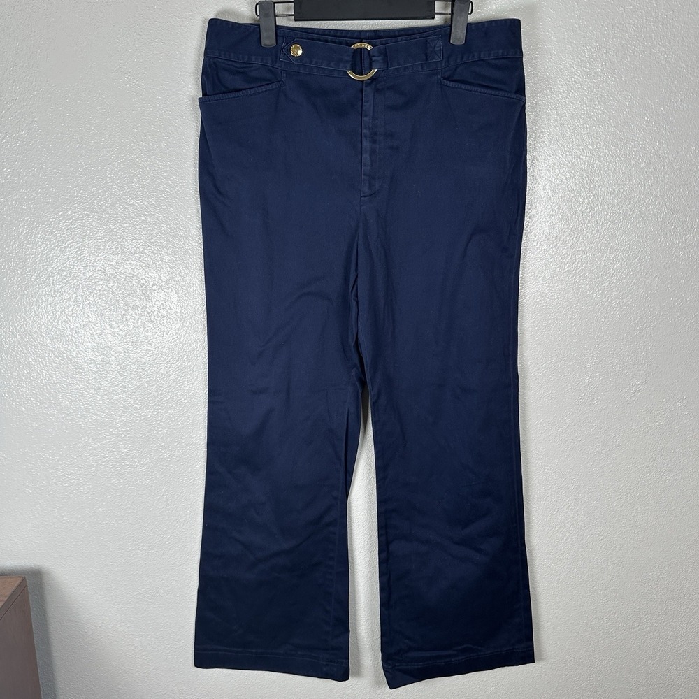 Lauren Ralph Lauren Pants Womens 12 Navy Blue Wide Leg Belted Cotton Nautical